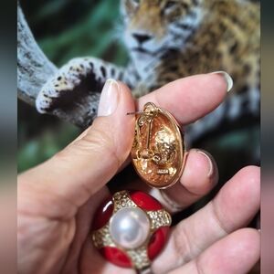 Unique Vintage Enamel Red and Gold Pearl Earrings